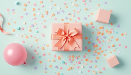Celebratory layout displaying a wrapped gift with ribbon, balloon, scattered paper squares and small boxes against a pastel colored background