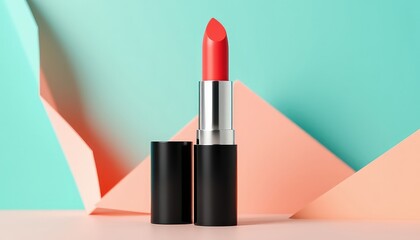 Classic red lipstick stands elegantly against a modern pastel geometric backdrop, embodying beauty and style