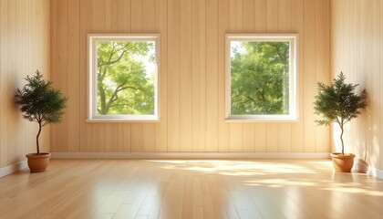 Bright and airy interior space with natural light streaming in through windows with greenery outside, showcasing potted trees and a light wood floor