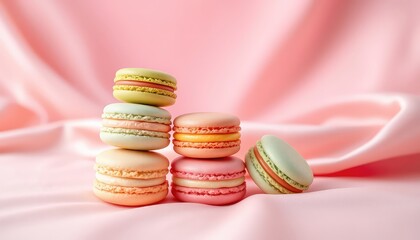 Delicate tower of colorful macarons with cream filling, resting upon a soft, pastel pink silk backdrop creating a refined aesthetic