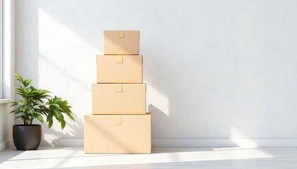 Stacked cardboard boxes against a white wall with a green houseplant next to a sunlit window