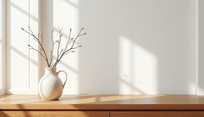 Minimalist serene scene featuring a white vase holding delicate branches in a sunlit interior with a blank wall offering copy space