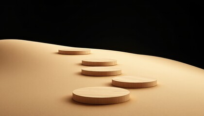 Minimalist geometric scene with wooden platforms on a sandy surface against a dark background creating a space for product displays