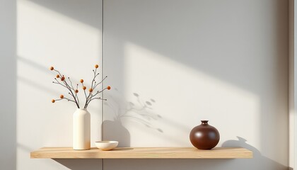 Subtle Home Interior with Natural Light Featuring Vases, Small Bowl, Decorative Branches, and a Simple Wooden Shelf Against a Creamy White Wall