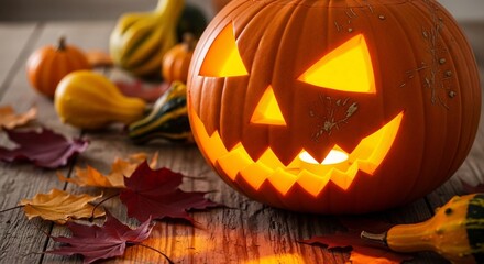Illuminated jackolantern sits on a weathered wood surface surrounded by autumn leaves and gourds
