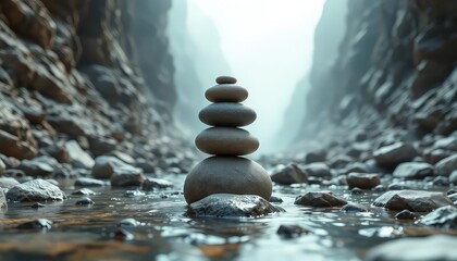 Zen Balance Stacked Rocks in a Calm, Misty River Valley Reflecting Serenity, Harmony and Peaceful Natural Environment