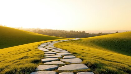 A winding stone path guides through a rolling field of green grass bathed in the soft light of the golden hour