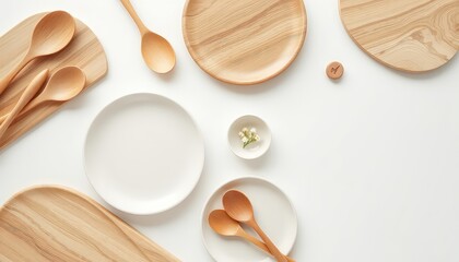 Arrangement of Wooden and White Dishes and Spoons on a White Background with Delicate Floral Accent