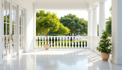 Elegant veranda showcasing a marble floor, white columns, potted plants, ornate railing, and an inviting view of verdant trees