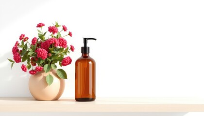 Floral Arrangement in a Round Vase next to a Brown Bottle with a Dispenser Pump on a Light Wood Surface