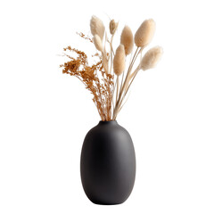 Elegant black vase holds delicate dried flowers and pampas grass arrangement isolated on transparent background © Adrita