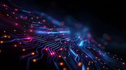 Digital Network's Circuitry: A dynamic display of the interconnected digital network's intricate circuits, awash in luminous blues, fiery reds, and warm oranges.