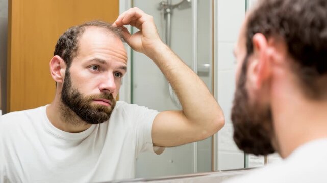 a middle aged man examines his thinning hair in bathroom mirror, showing concern about his appearance