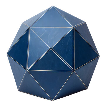 Blue icosahedron geometric shape isolated on transparent background, studio shot
