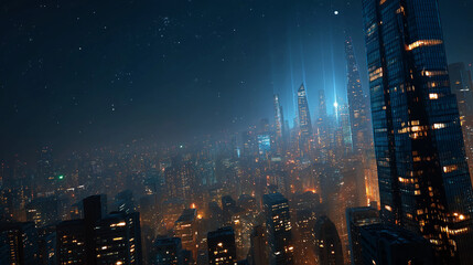 Obraz premium City Nightscape: A high-angle perspective unveils a sprawling cityscape illuminated against the backdrop of the night sky.