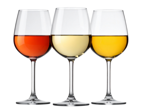 Elegant wine glasses trio isolated on transparent background