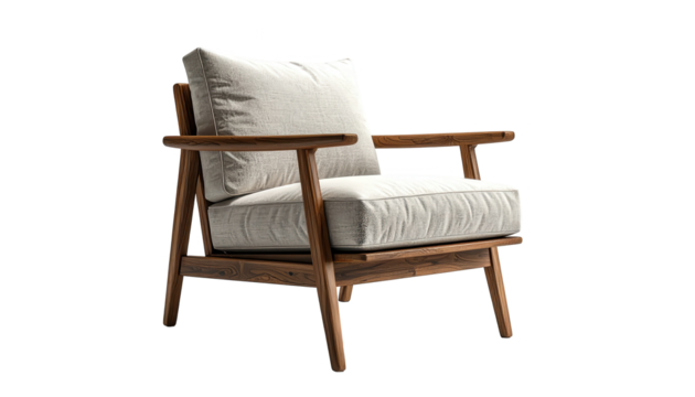 The elegant, minimalist armchair design features a solid wooden frame with warm tones and a light-colored, plush cushion, offering a comfortable and inviting seating solution.