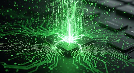 Cutting-edge microchip at the heart of digital data processing, glowing with powerful green energy flow