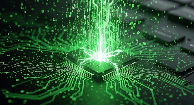Cutting-edge microchip at the heart of digital data processing, glowing with powerful green energy flow