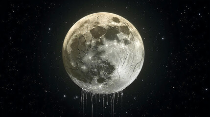 Obraz premium A luminous, cracked moon against a deep, star-speckled night sky, with rivulets of molten, liquid silver slowly dripping from its fractured surface, casting an ethereal glow.