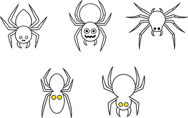 Cartoon spider vector illustration set with different designs, creepy halloween insects, big eyes, fangs, scary bug artwork, seasonal decoration character