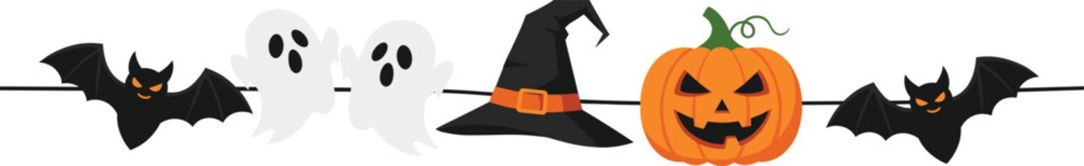 Halloween garland vector illustration with bat, ghost, witch hat, pumpkin, spooky decorations, festive cartoon design, seasonal holiday party artwork