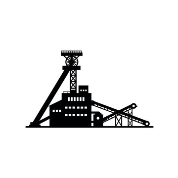 Black silhouette of a coal mine headframe and industrial building.