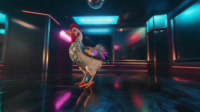 Dancing chicken in neon futuristic club with glowing lights, cartoon style animation of a fun and entertaining poultry character on the dance floor