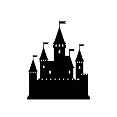 Obraz premium Majestic fairytale castle silhouette with towering spires and flags.