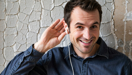 Man Listening with Earbud and Cracked Wall Background