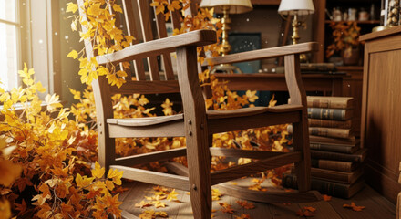 Cozy Interior Scene Featuring a Wooden Rocking Chair Surrounded by Autumn Leaves, Books, and Soft Lighting Evoking a Sense of Warmth, Comfort, and Relaxation