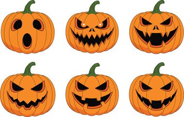 Halloween jack o lantern vector illustration set with carved pumpkin faces, spooky expressions, scary designs, autumn decoration, seasonal holiday artwork
