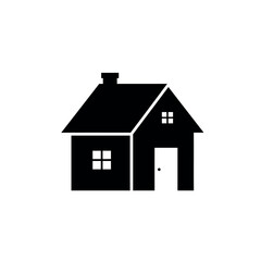 Simple black house icon with white windows and door.