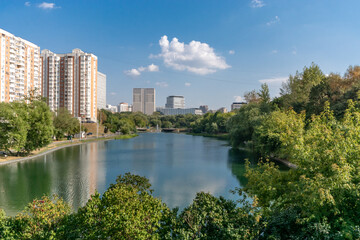 Fototapeta premium This serene landscape features a tranquil lake reflecting the blue sky, with lush trees along the banks and contemporary buildings in the background, showcasing urban nature harmony