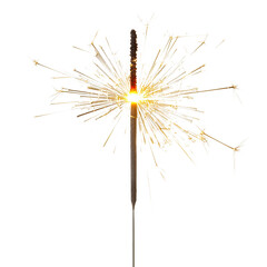 Fototapeta premium Burning sparkler emitting bright sparks in all directions, isolated on transparent cutout background