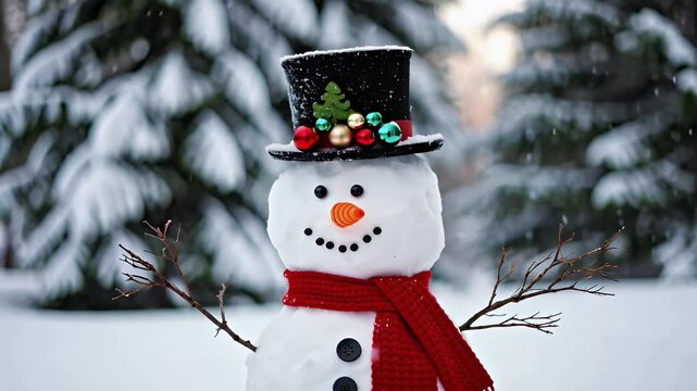 A cheerful snowman with a carrot nose and a top hat adorned with festive ornaments, standing in a softly falling snow.

