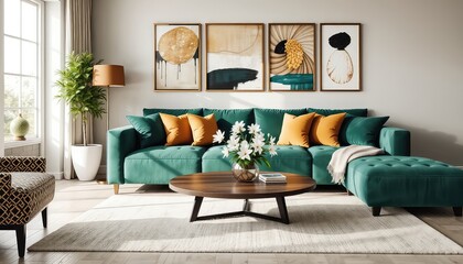 Obraz premium Comfortable and Inviting Living Room Displaying a Green Sofa with Orange Pillows and Abstract Art Above