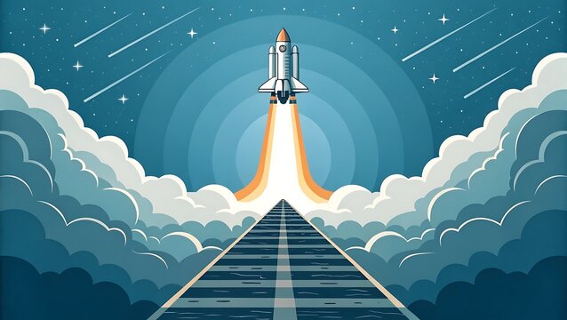 Powerful rocket launch ascending through dramatic clouds and starry sky with fiery exhaust