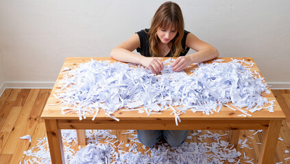 Woman Piecing Together Shredded Paper
