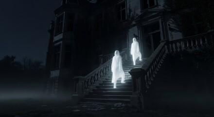Two ghostly figures descend the stairs of a dark overgrown mansion at night