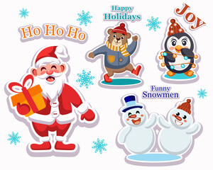 New Year and Christmas stickers with Santa Claus, a bear, a penguin, and funny snowmen. Bright holiday icons. Vector images.