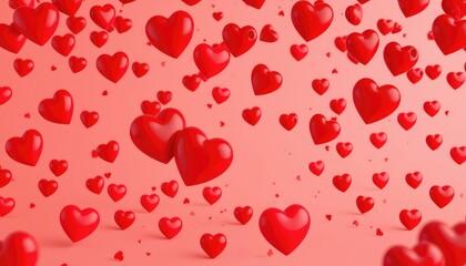 A cascade of romantic affection red hearts floating gently on a dreamy, soft coral gradient background for loving moments