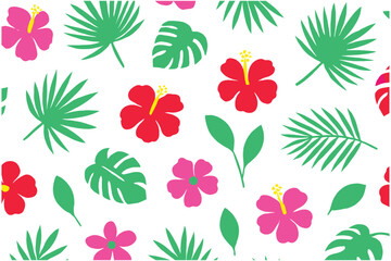 Seamless Tropical Floral Pattern – Hibiscus and Palm Leaves Flat Vector Background