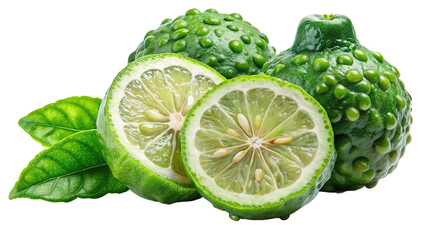 Fresh kaffir lime fruits and leaves isolated on transparent background for culinary and aromatherapy use