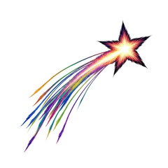 Colorful shooting star with rainbow trail, comet illustration, space graphic, celestial object, sparkle effect, isolated on transparent background