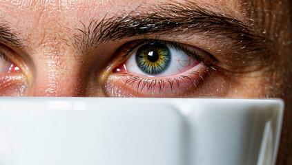 Close-up of a human eye and forehead over a white object