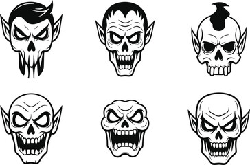 Vector illustration of vampire skulls with fangs and monster features, spooky Halloween horror design, creepy gothic artwork for dark festive decoration themes