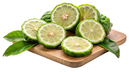 Freshly sliced bergamot oranges with green leaves on a wooden board isolated on transparent background