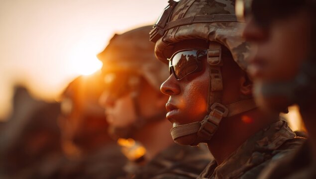 Soldiers in camouflage uniforms wearing sunglasses and helmets stand line at sunset
