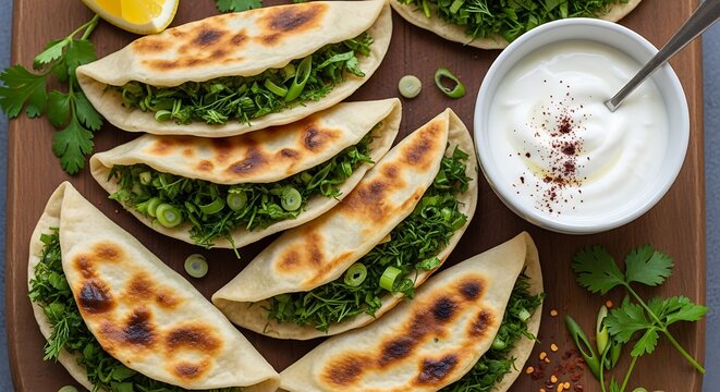 Delicious Spinach Fatayer with Yogurt Dip and Lemon Wedge.